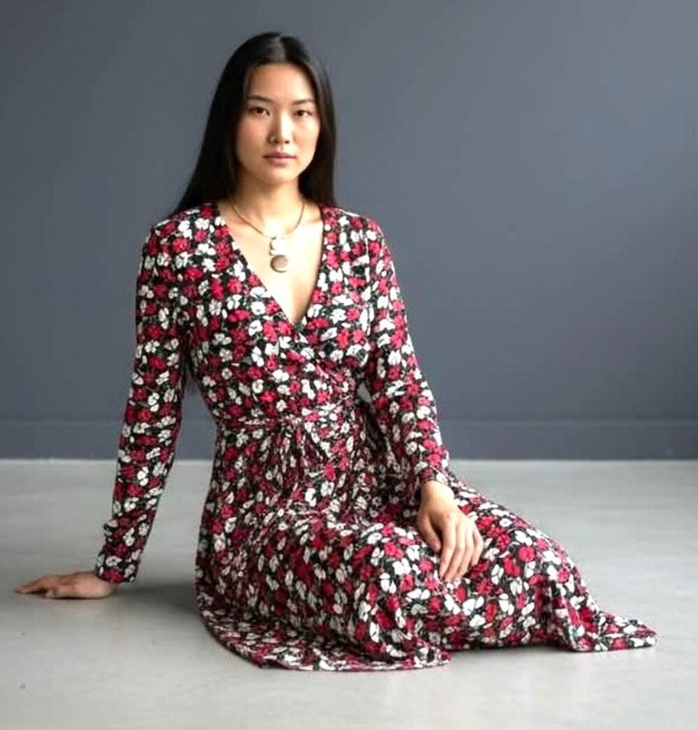 Brooks Brothers Faux Wrap Dress Size M Floral Belted Jersey Stretch Long Sleeve
